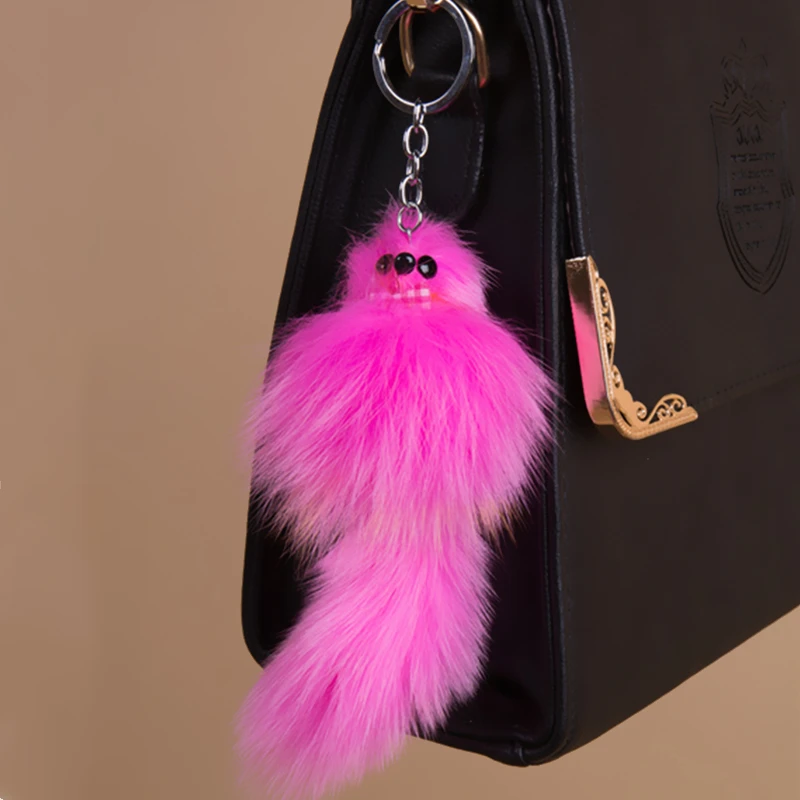 

New Fashion 17cm Natural Fox Fur Key Ring Woman Keychain Bag Charms Female Car Key Chain Man Fox Keyring Trinket Party Jewelry