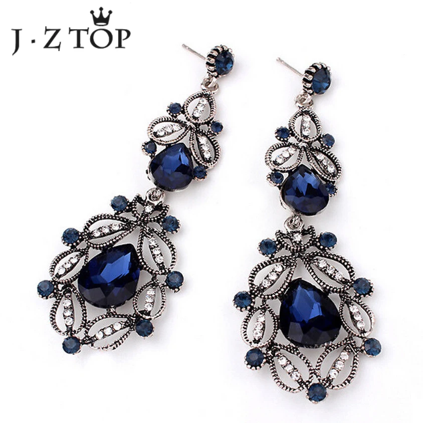 

JZTOP Classic Blue Water Drop Crystal Earrings For Woman Vintage Silver Color Bohemia Dangle Earring Rhinestone Wedding Jewelry