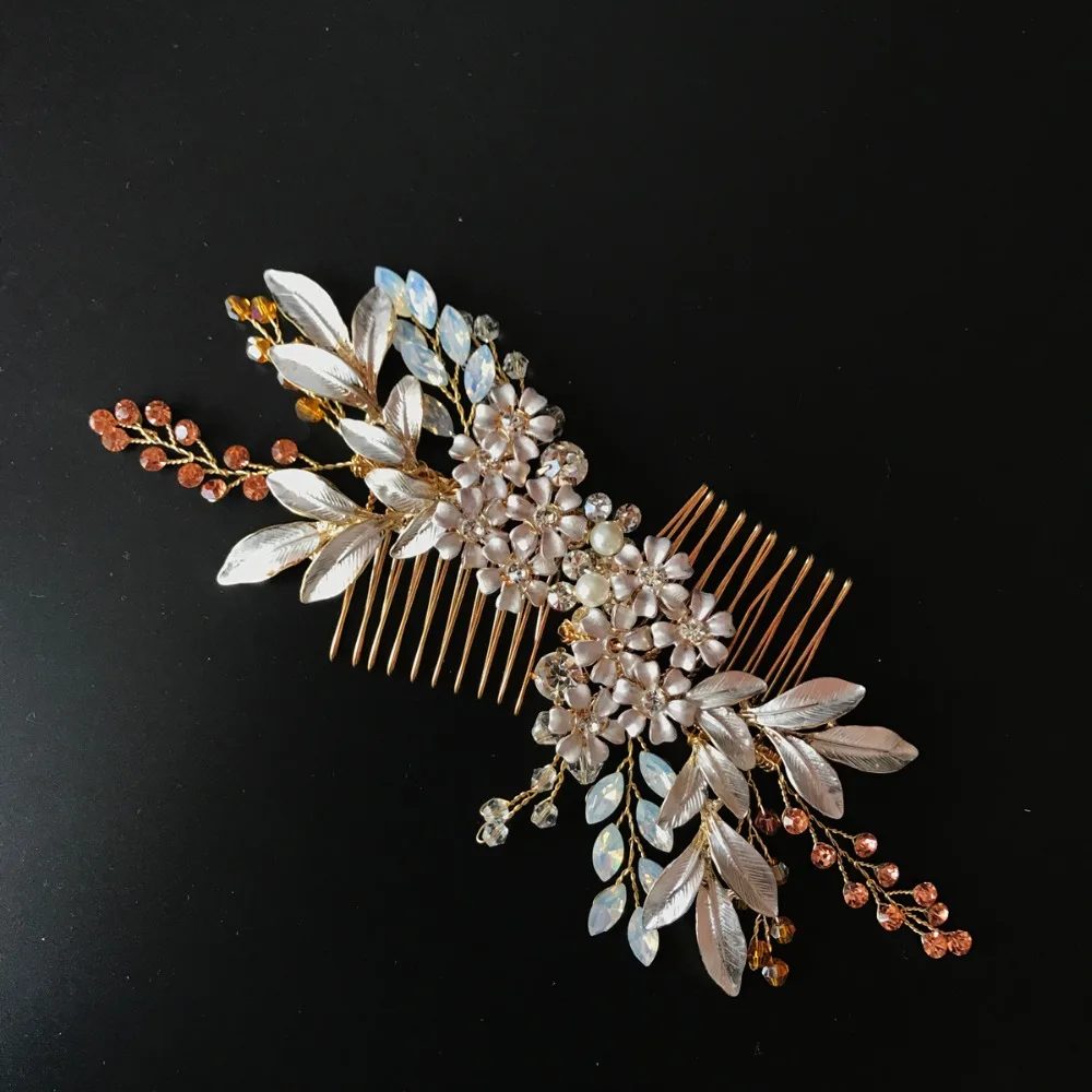 Handmade Gold Leaf Bridal Hair Comb Set Handmade Bridal Headpiece Rhinestone Beaded Wedding Hair Accessories 2017