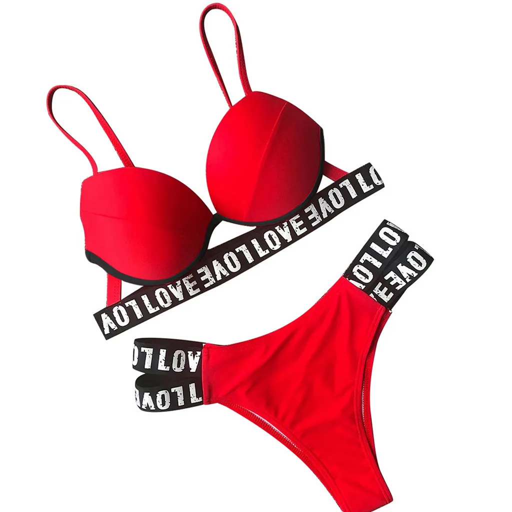

Women Sexy Fashion Letter Printing Push-Up Padded Bra Beach Bikini Set Swimsuit Lady Bikini Beachwear Bathing Suit Beachwear