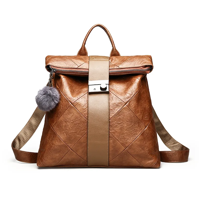 Fashion Ladies Genuine Leathe Backpack Girl School Bag Soft Leather Vintage Travel Women Patchwork Bags Female Mochila Feminina