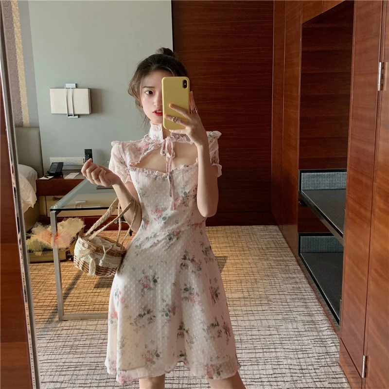 

summer mini-dresses sweet fashion brands Women's Clothing Korean style hollow out floral chiffon short dress women print new
