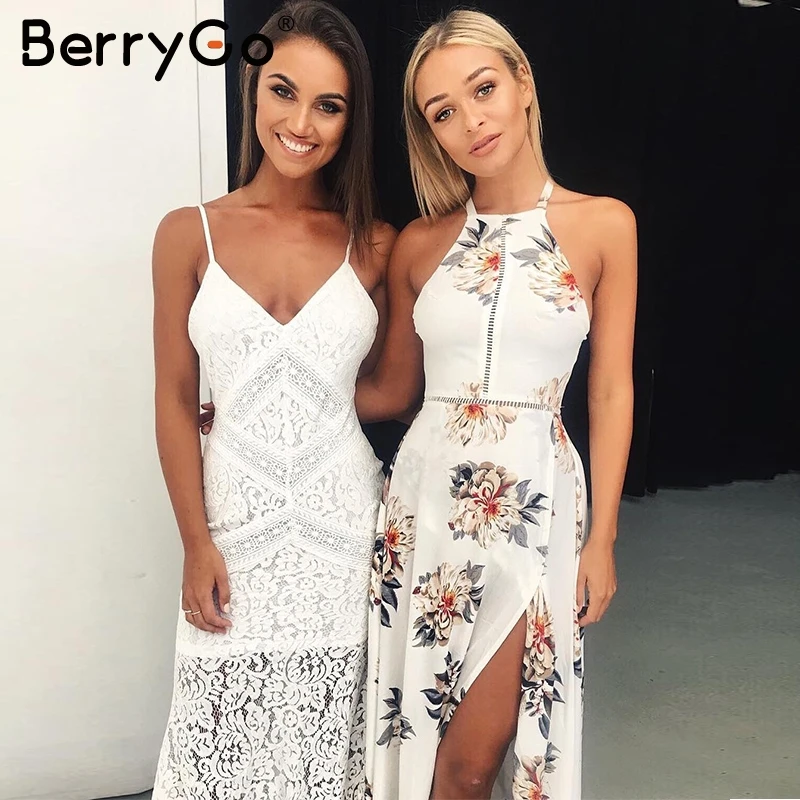 BerryGo Floral print halter chiffon long dress Women backless 2018 maxi dresses vestidos Sexy white split beach summer dress BerryGo Floral print halter chiffon long dress Women backless 2018 maxi dresses vestidos Sexy white split beach summer dress