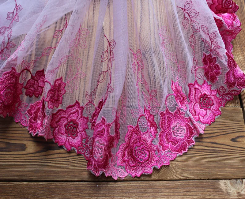

10.6"27cm wide -2yards/lot Free Shipping Embroidered Tulle Lace Trim in Rose Red+Pink for Garment Decoration