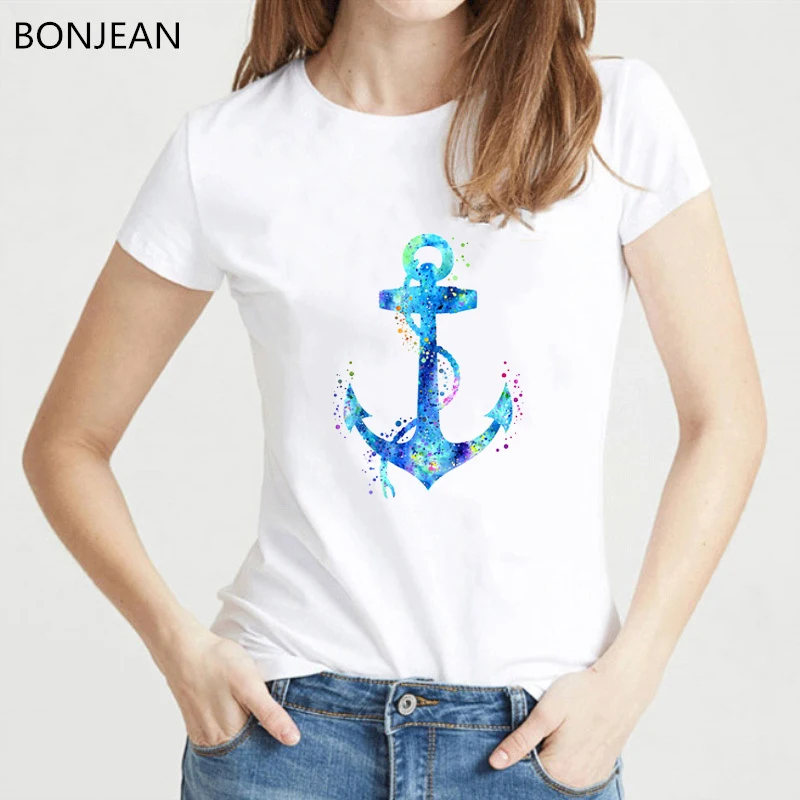 

Watercolor Anchor printed tshirt women white harajuku kawaii t shirt femme summer gothic top female t-shirt drop shipping