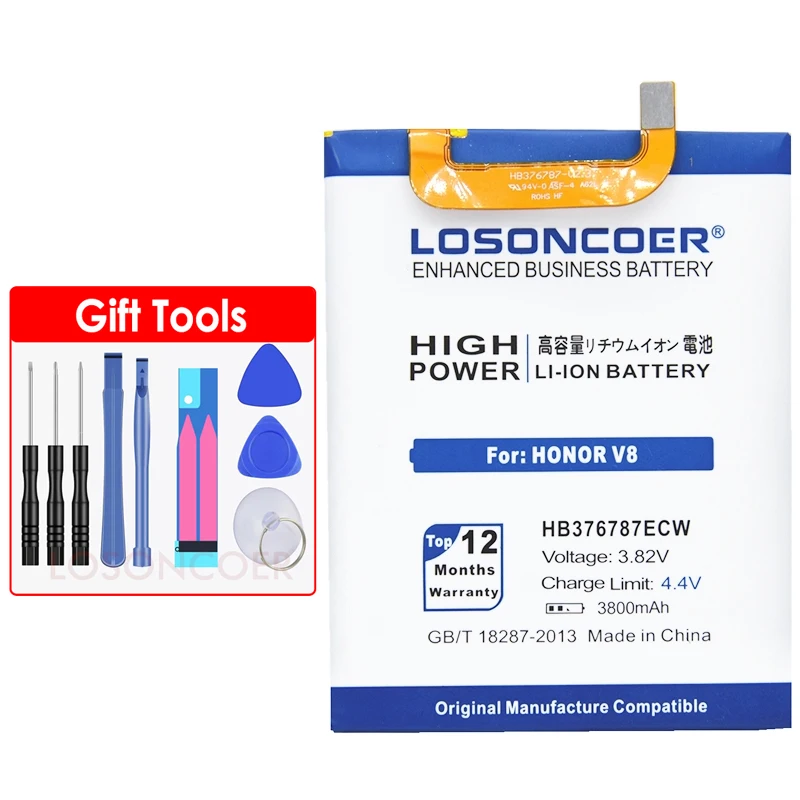 LOSONCOER 3800 mAh HB376787ECW для Huawei Honor V8 аккумулятор для смартфона+ номер отслеживания+ Бесплатные инструменты