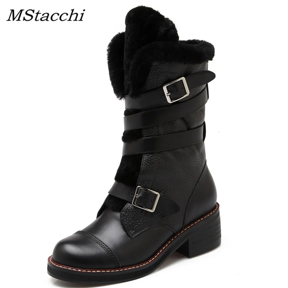 

MStacchi Warm Winter Women Shoes Martin Boots Genuine Leather with Bandage Wool Middle Square Heel Mid-calf Boots Neutral Style
