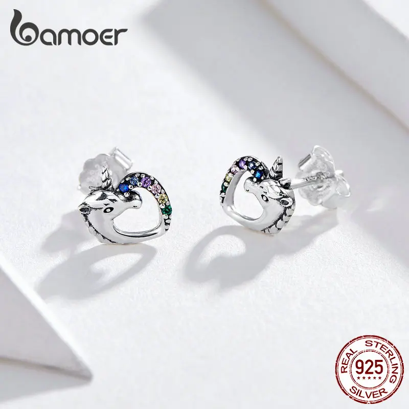 Серьги гвоздики BAMOER Lucky Licorne для девочек Разноцветные серьги с конским ухом 925
