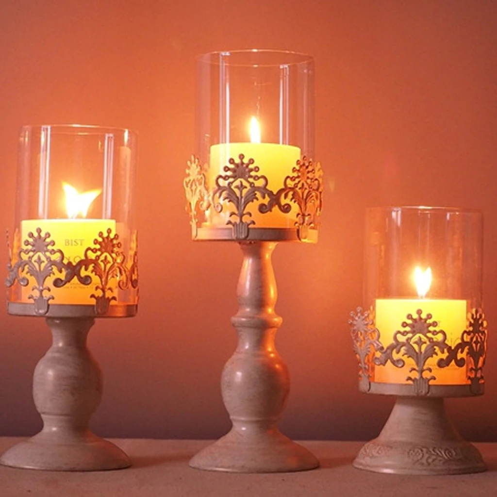 3PCS Pillar Candlestick Candle Holder Hurricane Lantern Home Wedding Decor