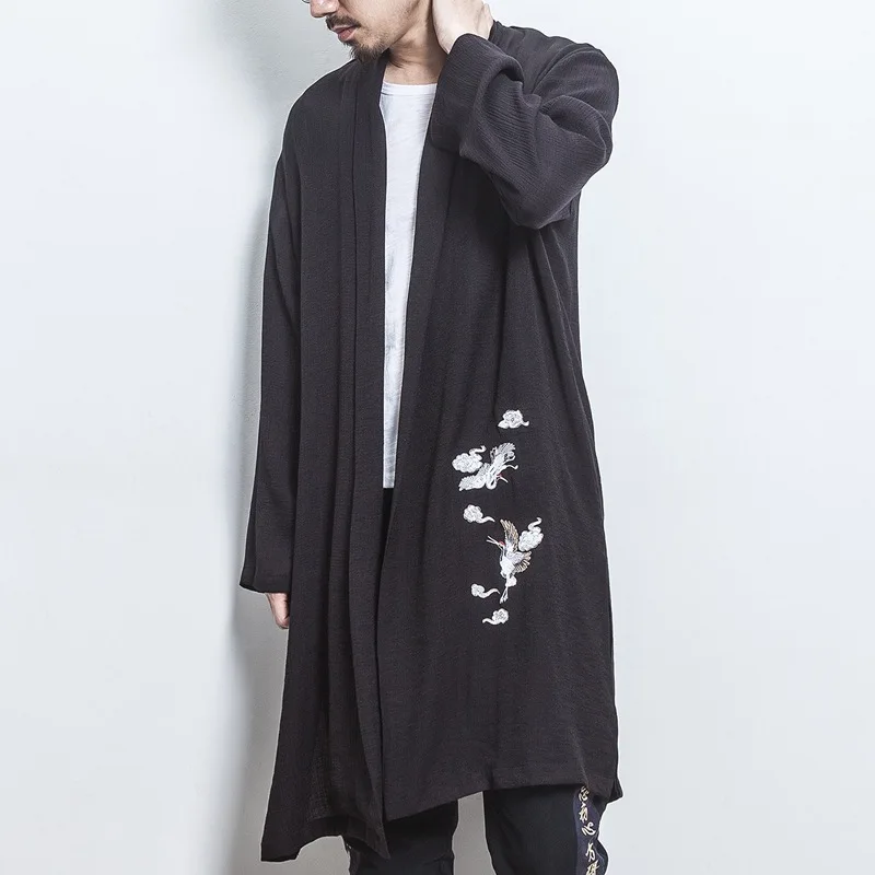 

2019 spring embroidered trench coat men cotton linen mens overcoat summer fashion long coat casual loose plus size trench male