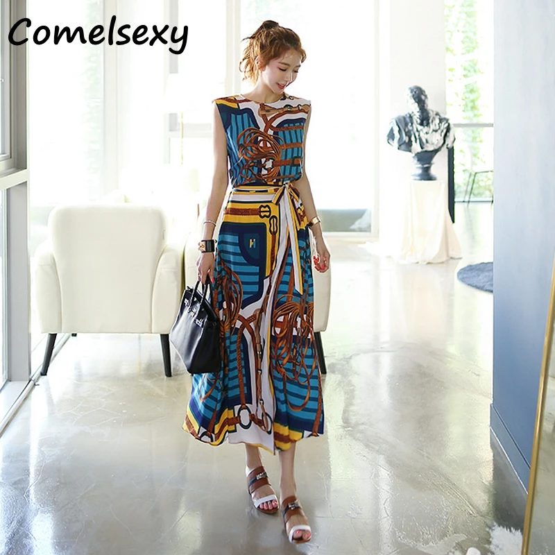 

2019 Summer Runway Designer Vintage Printed 2 Piece Set Women's Sleeveless Chiffon Blouse+lace-up Long Skirts Sweet 2pcs Suit