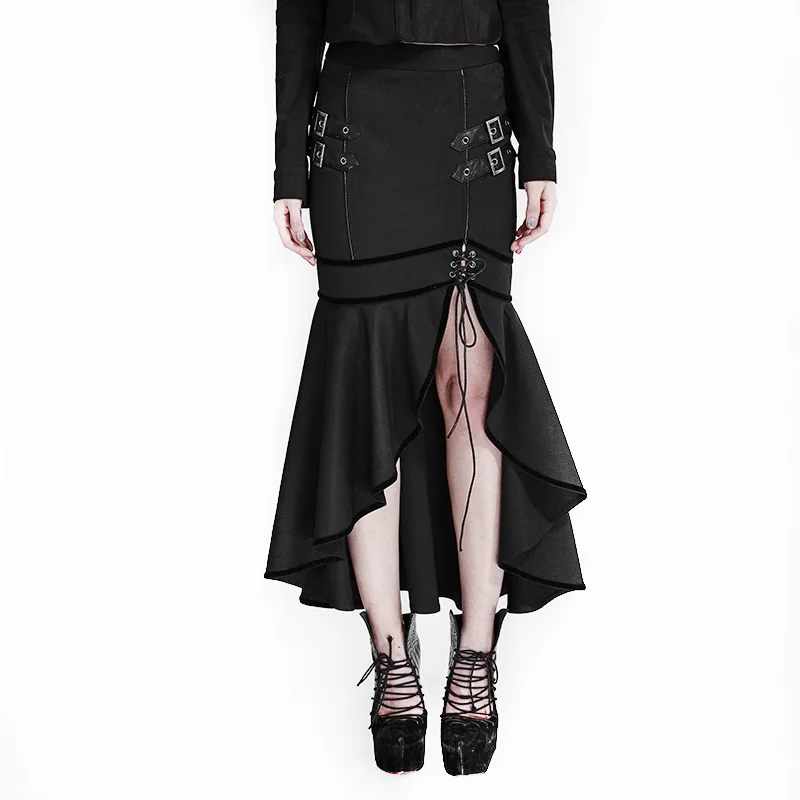 Gothic Militaire Uniform Half Rok Steampunk Vrouwen Lange Rokken Met Een Natuurlijke Taille Mermaid Black Amerikaanse Trompet Q-293