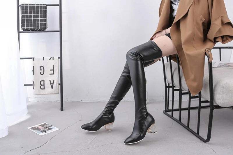 REAVE CAT NeW Women Thigh High Boots clear thick high heels PU leather slim leg over the knee boots long booties