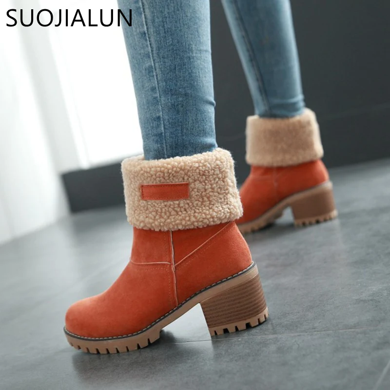 

SUOJIALUN Women Snow Boots Thick Bottom Platform Ankle Boots For Women Warm Plush Square heels Snow Ankle Boots Plus Size35-43