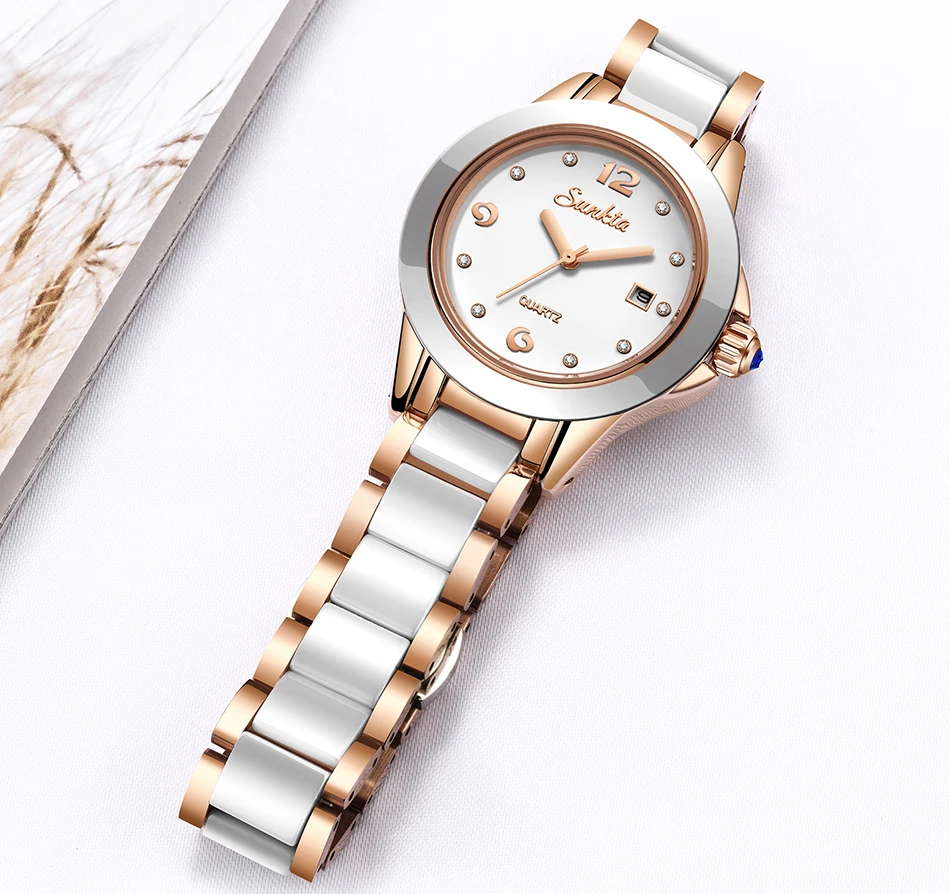 Montre Femme 2019 SUNKTA новые роскошные женские часы розовые керамические золотистые женские часы с бриллиантами подарок кварцевые наручные часы