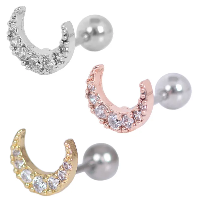 

PINKSEE 1Pc Titanium Steel Ear Cartilage Piercing Temperament Simple Mini Crystal Crescent Shape Earrings Ear Stud Sexy Jewelry