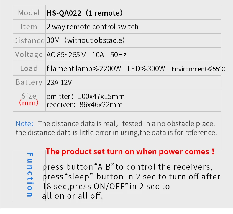 HS-QA022 1304W двухсторонний 85 V-265 V 10A Беспроводной RF пульт дистанционного управления с функцией настенного выключателя