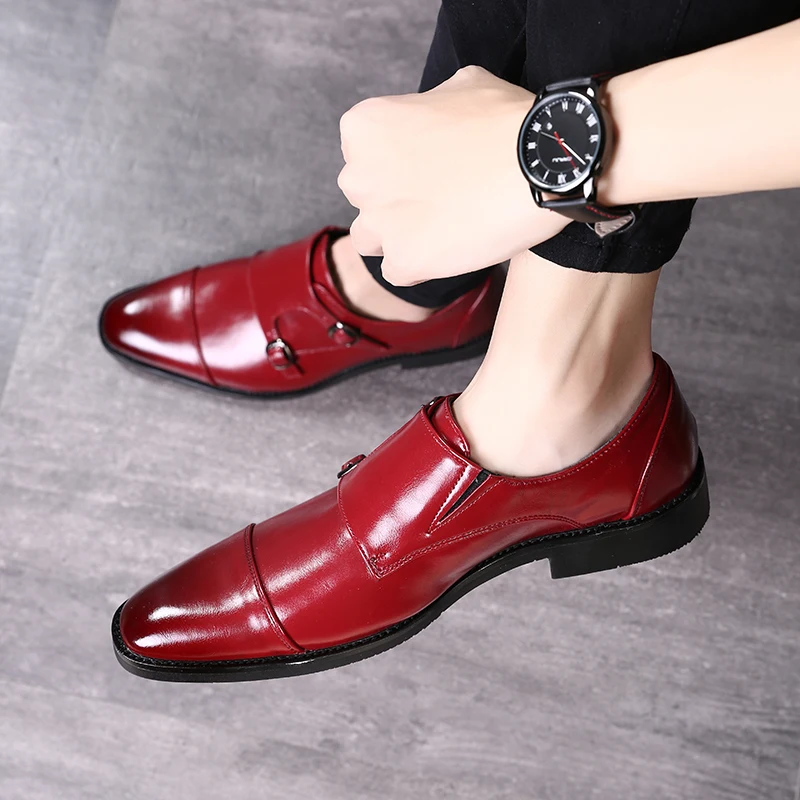 Misalwa Men Dress Shoes Formal Business Work Soft Patent Leather Pointed Toe Men's Oxfords Double Monk Strap Slip On Loafers