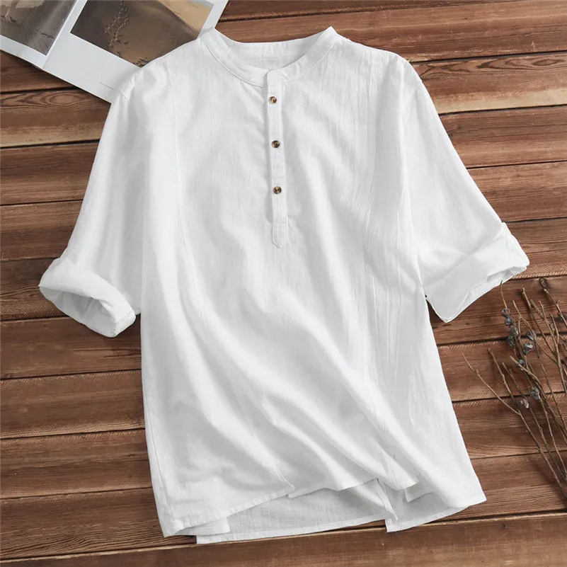 Mens Cotton Linen Shirts Casual Long Sleeve Stand Neck Tops Loose Blouse (5)