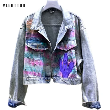 

2019 Autumn Vintage Graffiti Print Denim Jacket Coat Female Rivet Loose Bf Short Jean Jackets Woman Outerwear Jaqueta Feminina