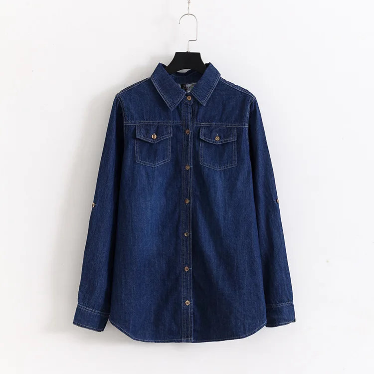 S68 Весна размера плюс женская одежда блузки 5XL Повседневная Свободная джинсовая рубашка с длинным рукавом и двумя карманами 024 - Цвет: Deep blue