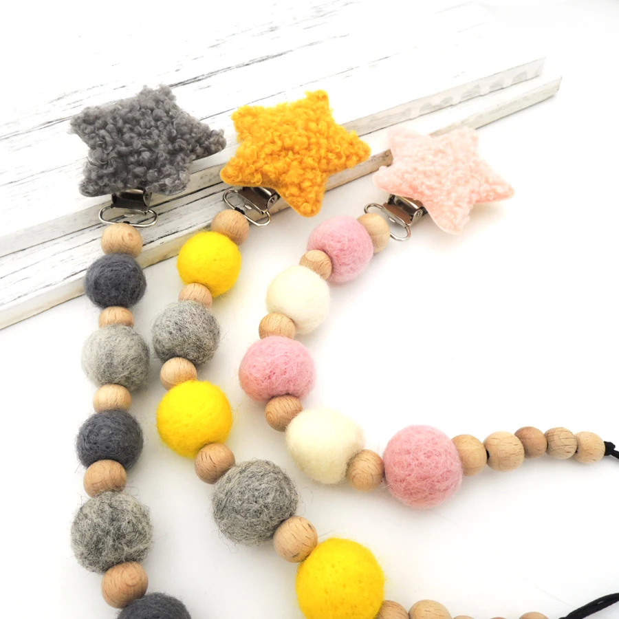 Grey gold pink wool star Pacifier Clip light Dummy Holder felt ball beads Natural beech wooden beads paci holder NT273