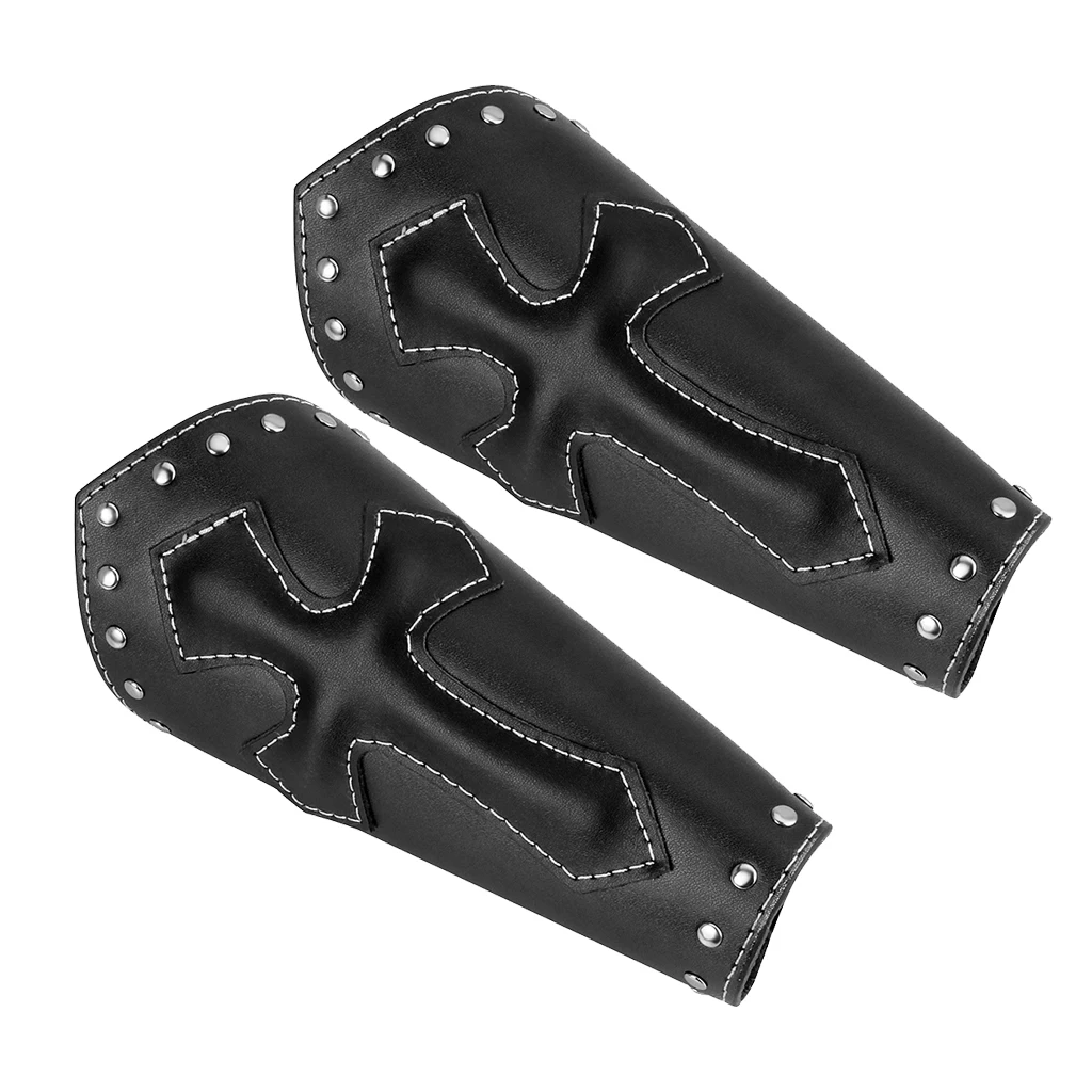 2Pieces Unisex PU Leather Gauntlet Style Wristband Wide Bracer Arm Cuff Bangle with Cross Charms Ethnic Charms - Black