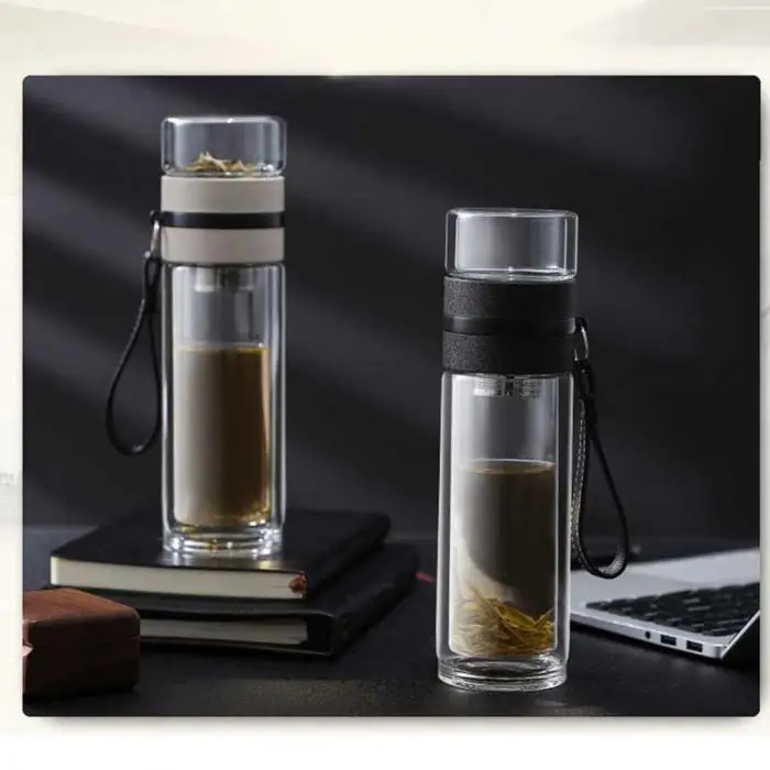 Transparent Glass Tea Cup Portable Water Tea Bottle with Separate Cup@LS