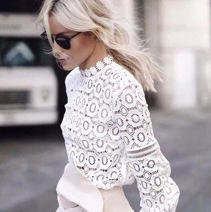 

Fashion Women's Lace Hollow Bottoming Tops 2019 Spring Sexy New Women Lace Blouses Flare Sleeve Solid White Black Shirts