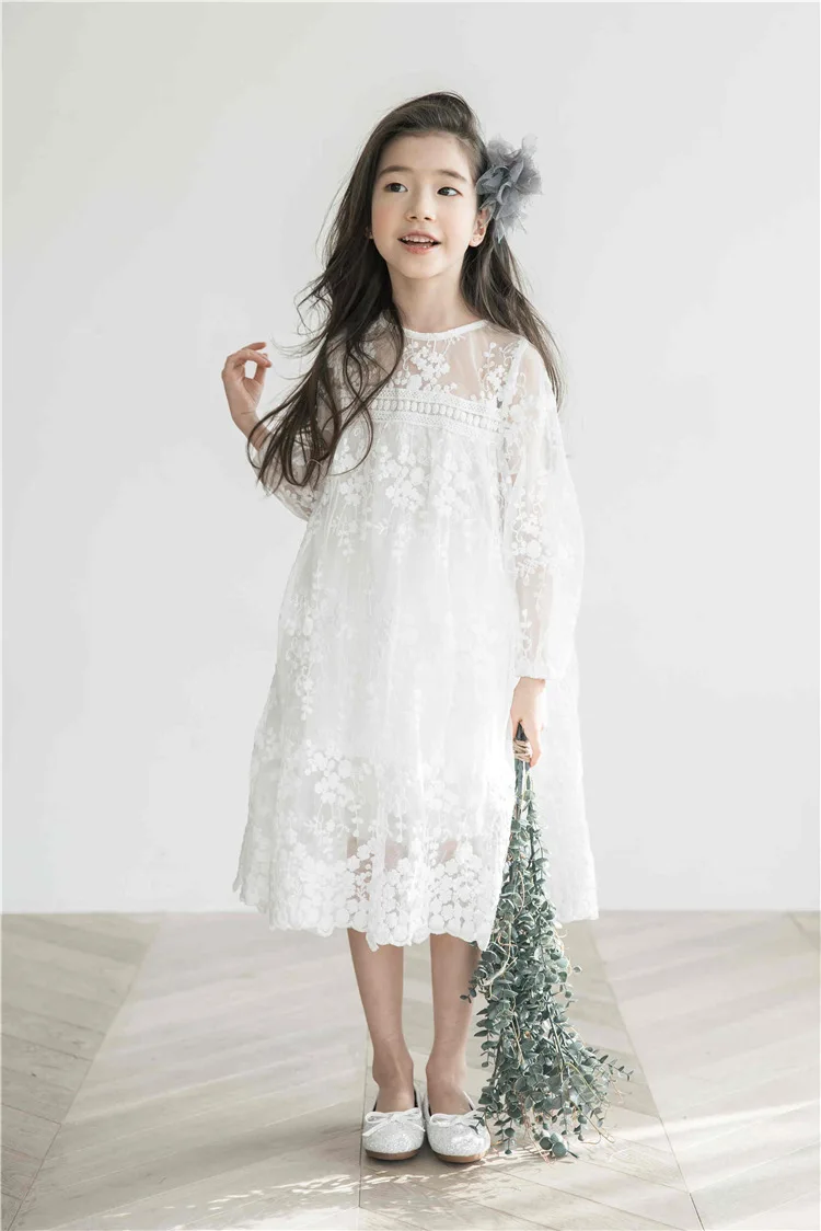 Вечерние платья белое кружевное платье для девочек свадебное платье с длинными рукавами для маленьких девочек платье для детей 4, 6, 8, 10, 12, 14 лет Осень-зима