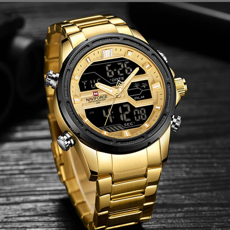 

Naviforce Sport Cool MENS Watch LED Analog Digital Military mens Watch Steel Stainless Quartz Male Fashion Clock relogios 9138