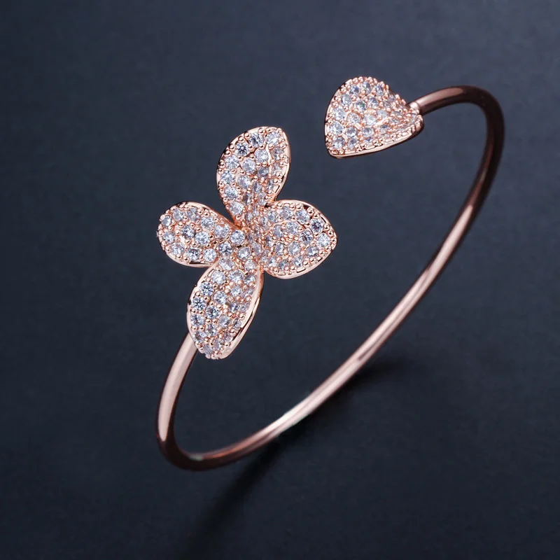 Rose Gold Color CWWZircons регулируемый размер модный бренд розовое золото открытые манжеты CZ Кристалл Жесткий браслет с цветком ювелирные изделия для женщин подарок BG013 - Окраска металла: Rose Gold Color