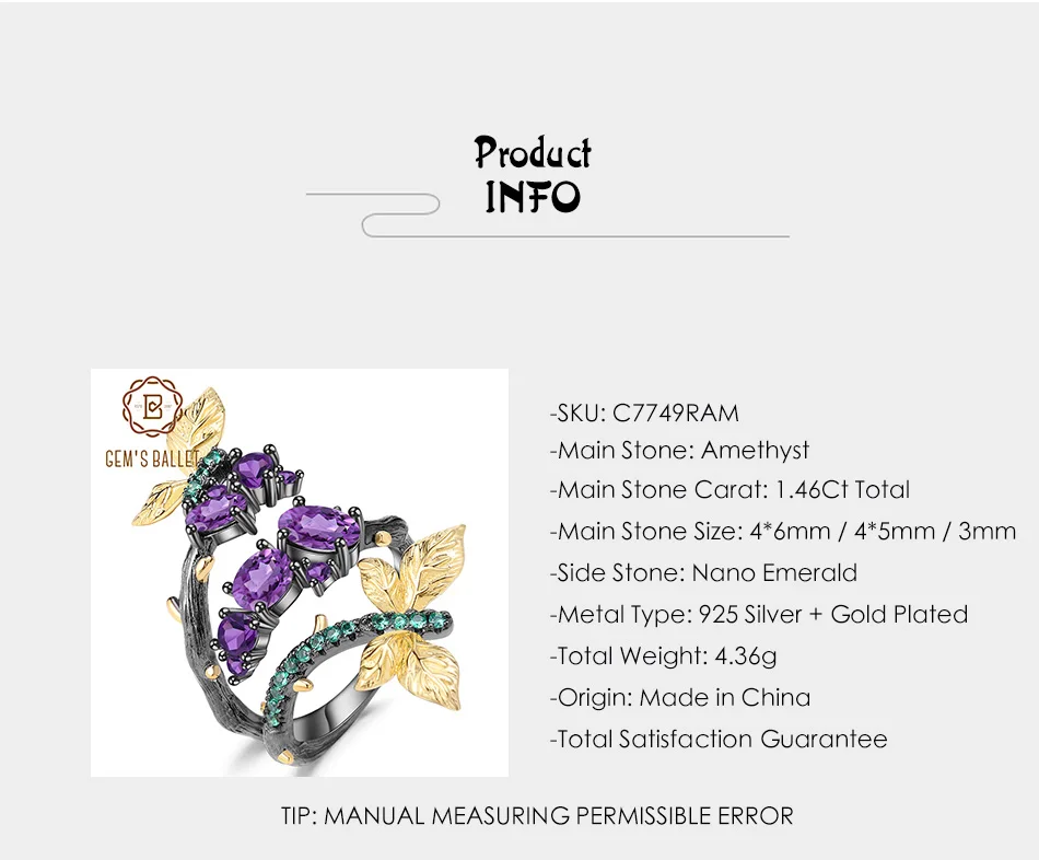 Gem's балетные 925 пробы Серебряная ветка бабочка Романтические кольца 1.46Ct натуральный аметист Оригинальное кольцо для женщин Свадебные ювелирные изделия