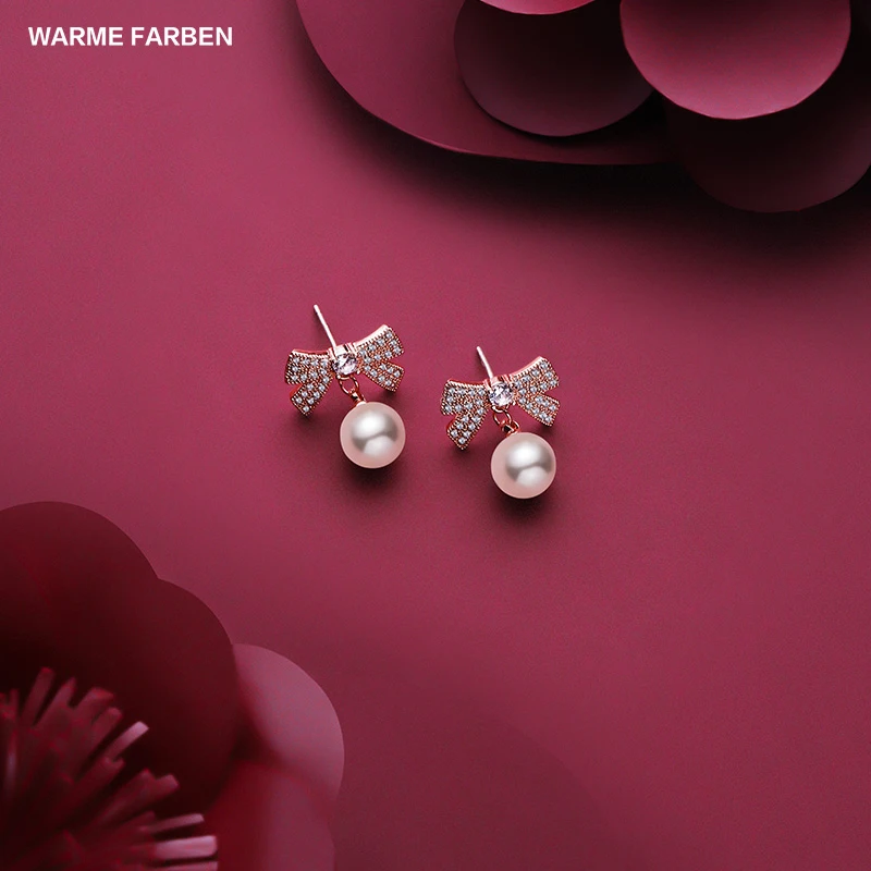 Warme Farben корейские серьги модные ювелирные серьги 925 Серебряная игла бант инкрустированные цирконием жемчужные серьги-капли элегантные серьги