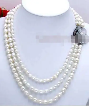 

Free Shipping >>>>>SALE 7-9MM Rice WHITE natural PEARL 3 Strands NECKLACE & SHELL FLOWE Clasp-n5203