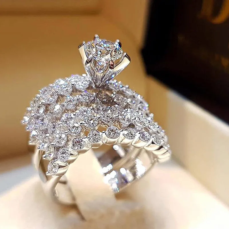 USTAR 2pc/set Luxury Crystal Zircon Promise Wedding Rings Set Boho Silver Bridal Engagement Rings For Women female anel jewelry