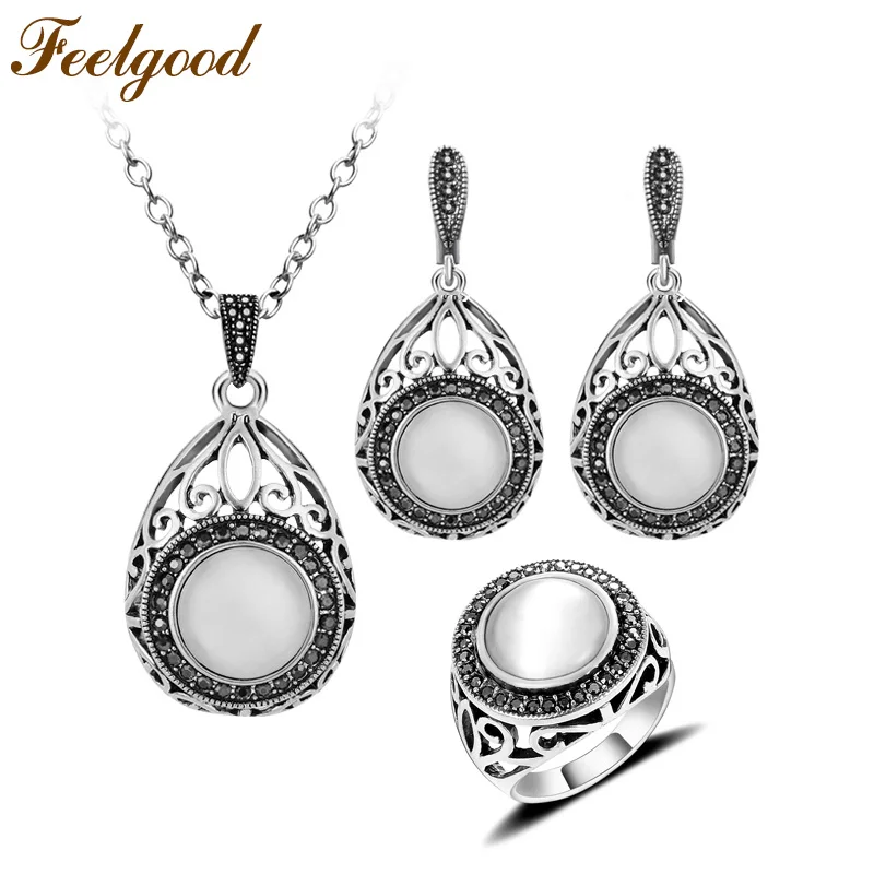 

Feelgood Silver Color Vintage Jewellery Set Hollow Out Water Drop And Round Natural Stone Opal Jewelry Sets For Women Party Gift