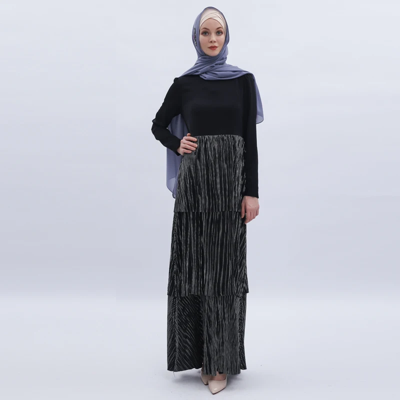 Stitched Pleated Cake Vestidos Abaya Dubai Arabic Maxi Muslim Dress Women Caftan Moroccan Kaftan Elbise Hijab Turkish Dresses