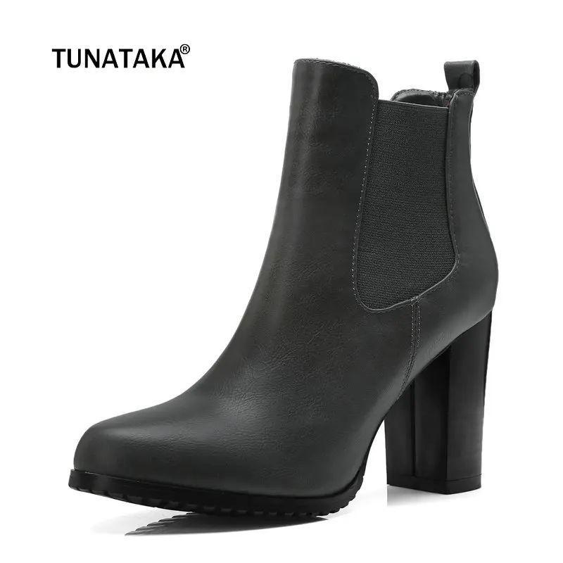 

Women PU Leather Thick High Heel Chelsea Boots Fashion Slip On Round Toe Warm Winter Ankle Boots Black Brown Gray