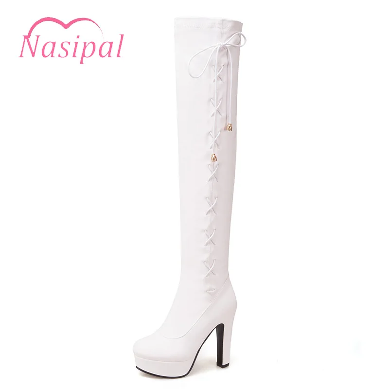 

Nasipal Roman Cross-tied Over the Knee Boots for Women Shoes Round Toe Platform High Heels Long Thigh High Boots Black White
