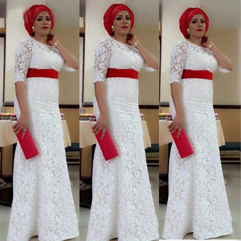 Blanc Dentelle Nigeria Femmes Robe Aso Ebi Style Sud Africain sirène Formelle Robes Robe De