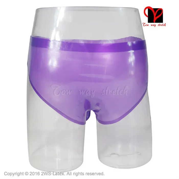 Sexy Transparent Purple Latex briefs with glued penis sheath Rubber underwear with condom pants Shorts KZ-020