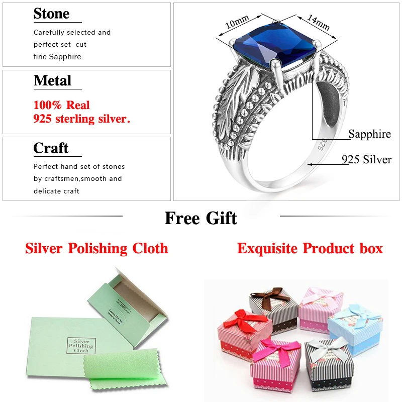 SzjinAo Vintage Square September Birthstone Sapphire Ring Solid 925 Sterling Silver Wedding Rings For Women Valentine's Day Gift