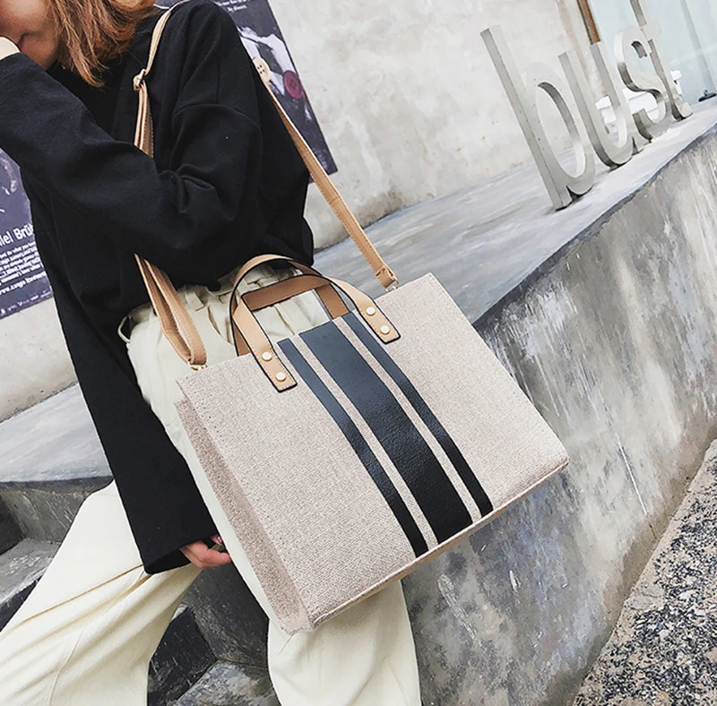 Women Patchwork Handbag INS Popular Female Holiday Canvas Bag Large Lady Korean Shopping Shoulder Bag Beach Fashion Bolsa SS7336 (10)