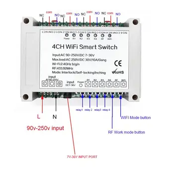 

Smart Home WIFI AC 220V 4CH - 4 Gang 433MHZ Mounting Wireless Control WIFI Smart Switch Home Light Alexa Remote