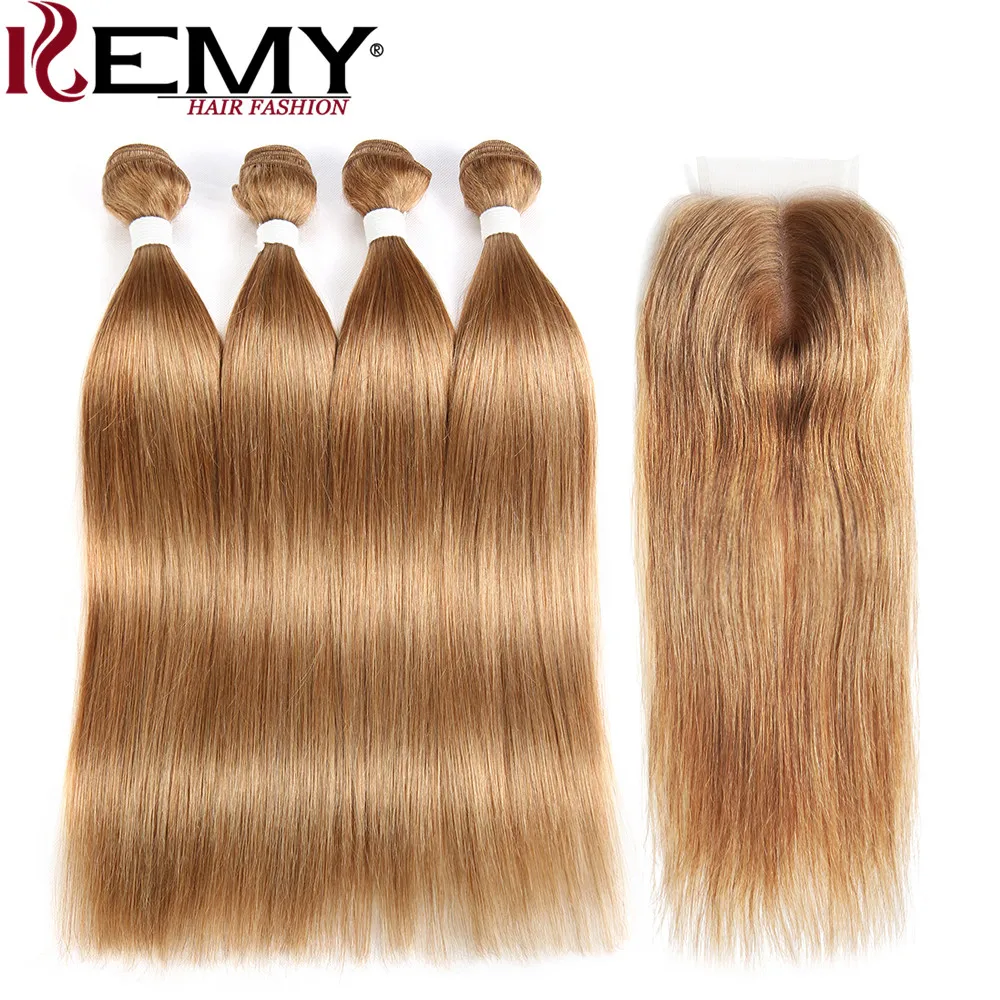 

KEMY HAIR Brazilian Straight 4 Bundles Human Hair With Closure 4*4 Pre-Colored Non-Remy 100% Human Hair Weaves Light Brown 27#