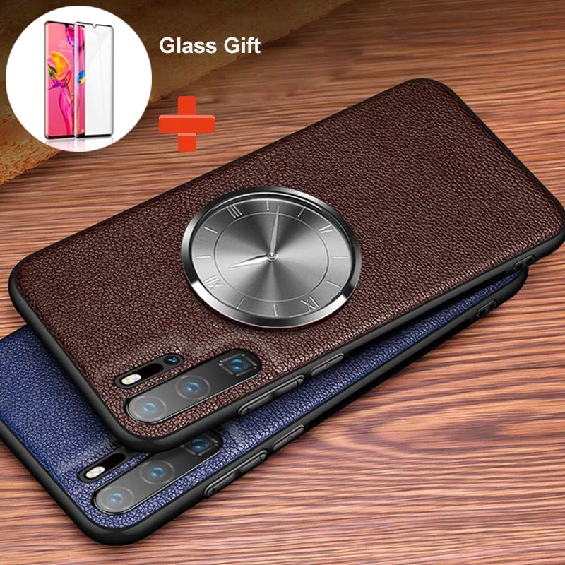 

For Huawei P30 P30 Pro Case Litchi Grain Genuine Leather Watching Time Metal Clock Cover for Huawei P20 20Pro Mate 20 Pro Fundas