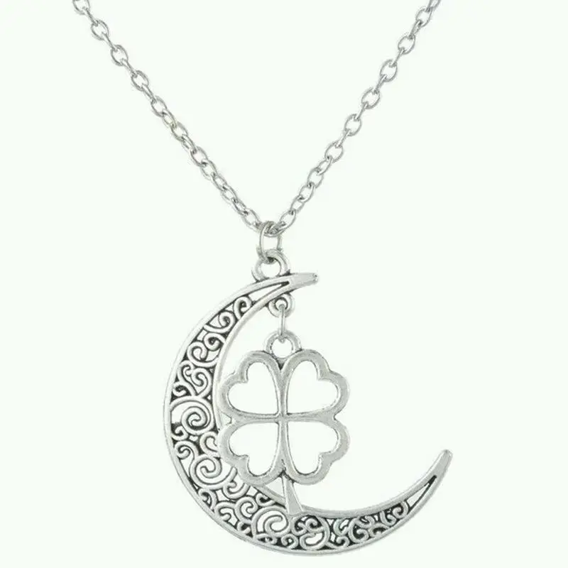 

Filigree Crescent Moon Four-leaf Clover Necklace Pendant Vintage Silver Collares Chain Necklace For Women Jewelry Crafts Gifts