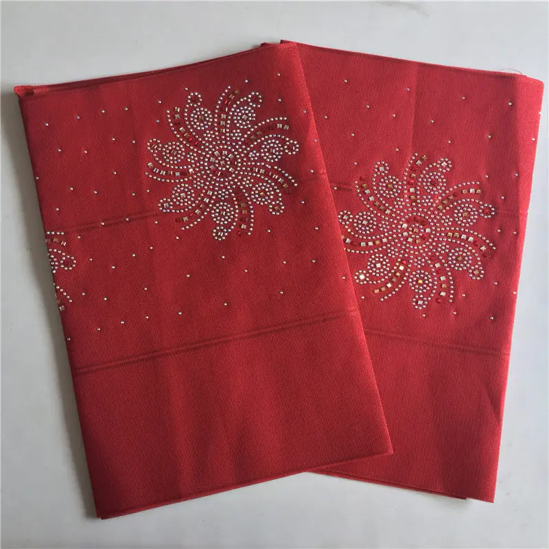 

High quality New Big Stones pattern red ASO OKE headtie gele niegrian asooke gele 2pieces in a bag gold color aso oke
