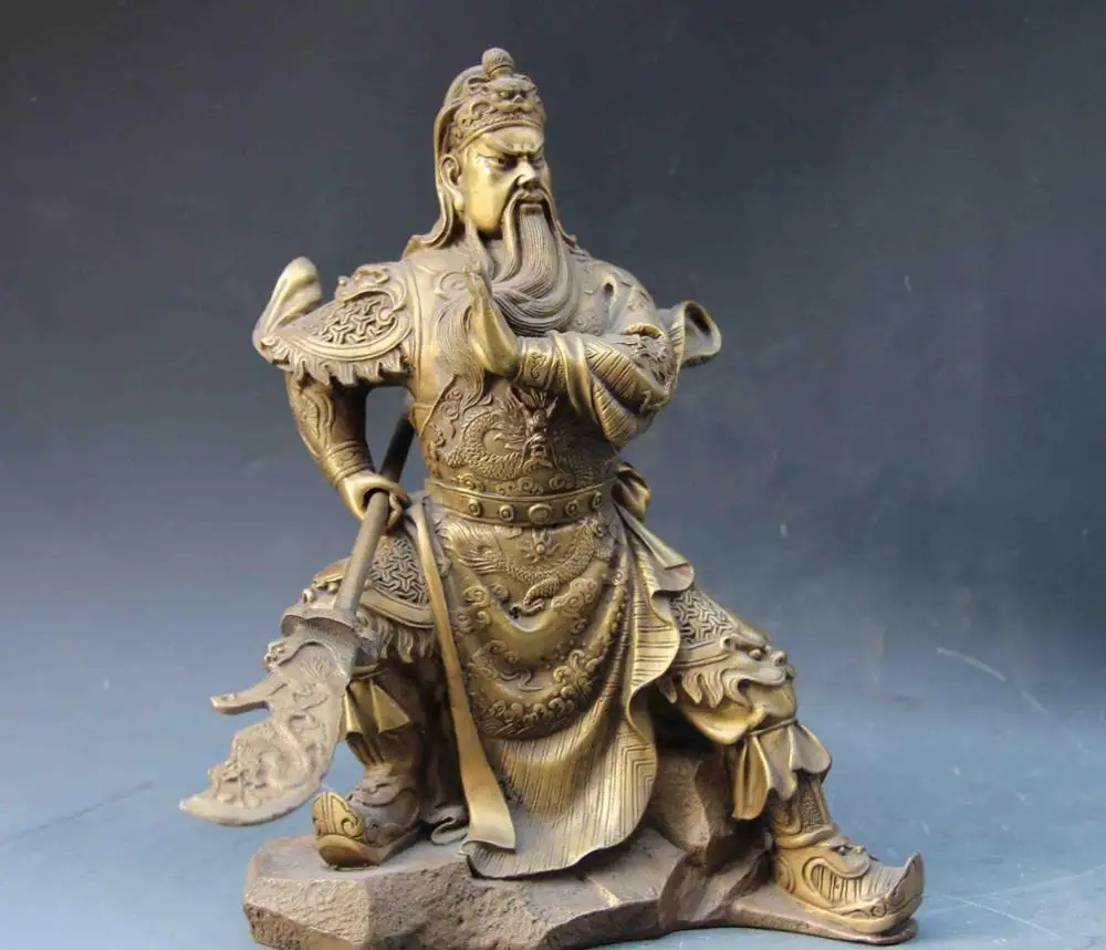 

free shipping Chinese Folk Copper Brass valiant Dragon Guan Gong Guan Yu Warrior Buddha Statue